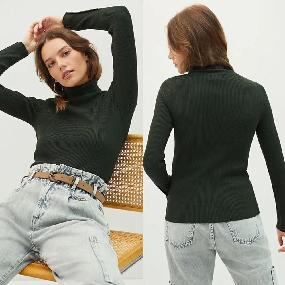 Anthropologie Maeve Button-Sleeve Turtleneck in Holly Green Size XL $90